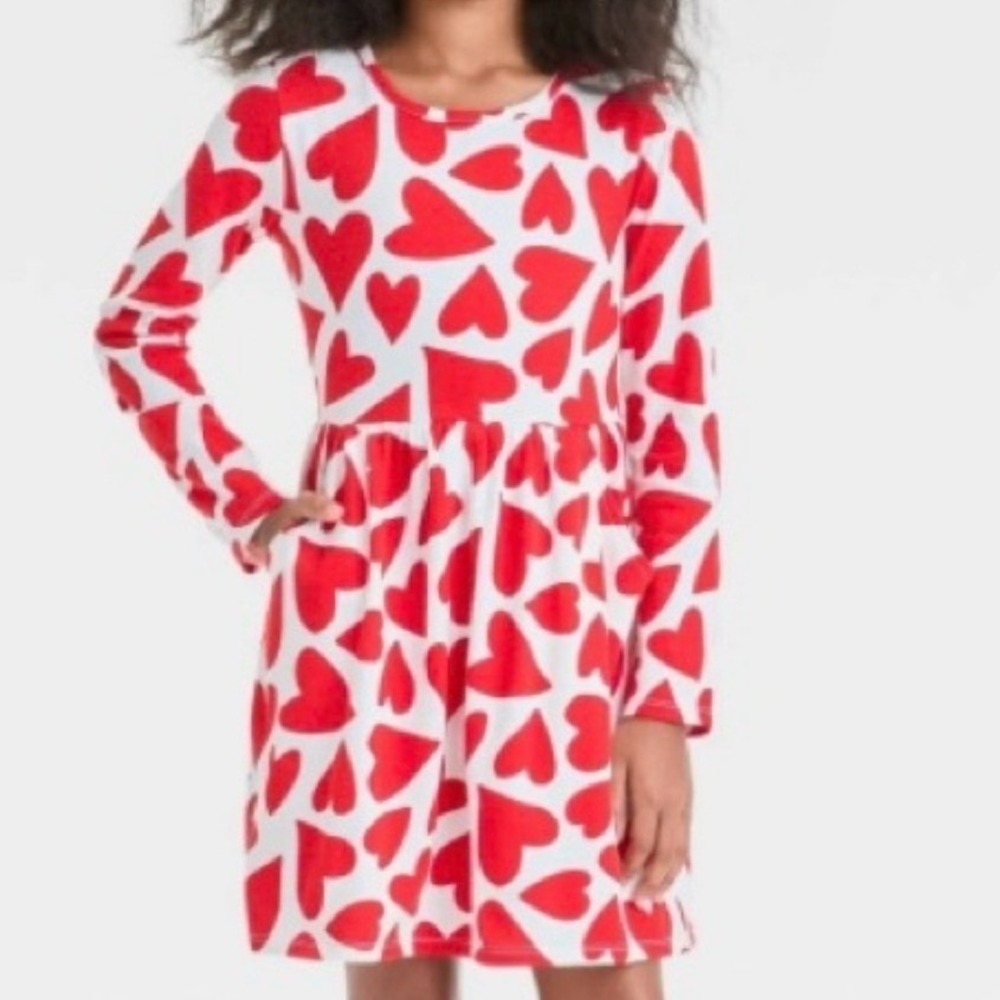 Cat & Jack Girls XS 4/5 Red Heart Print Long Sleeve Pocket Dress Valentine's Day